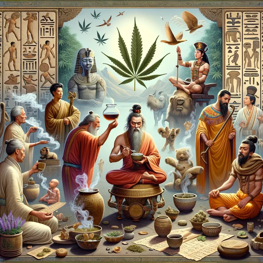 Scene di rituali antichi attorno a una foglia di cannabis